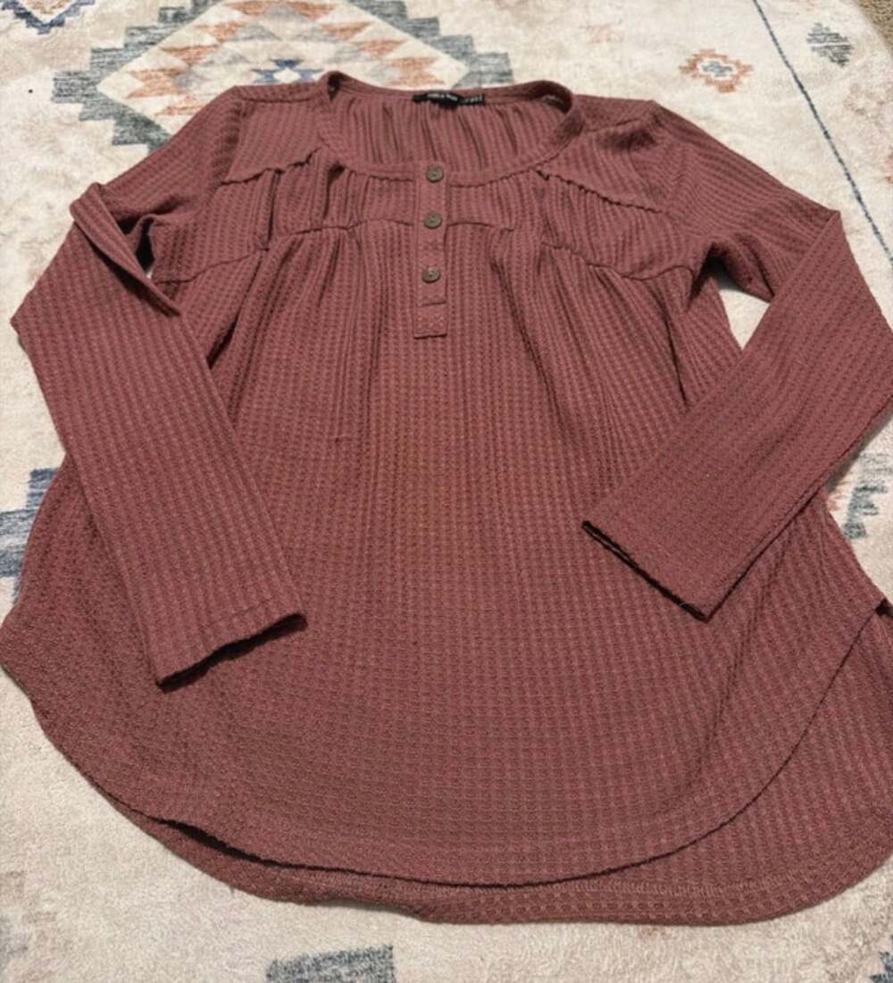 Doe & Rae Women's Mauve Pink Waffle Knit Long Sleeve Button Henley Tunic Top Siz